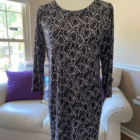 Michael Michael Kors Black & White Snake Print Long Sleeve Shift Dress Size M - Picture 2 of 8